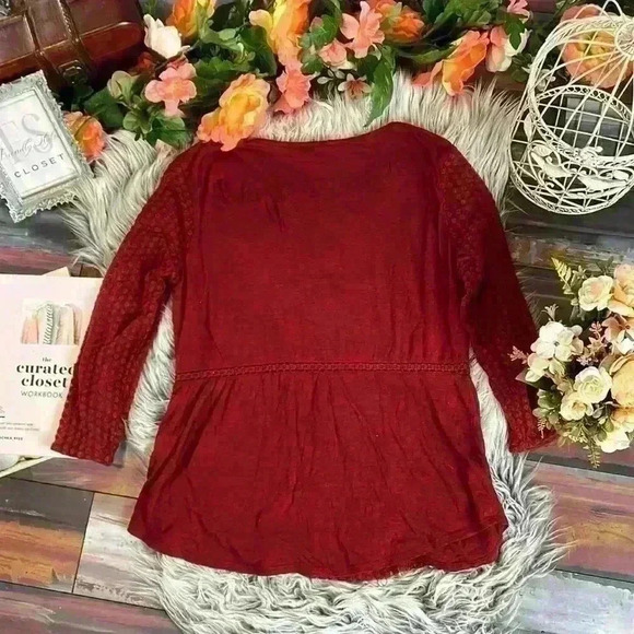 Lucky Brand Boho Peasant Crochet Lace Red 3/4 Sleeve Top, M - Picture 8 of 10
